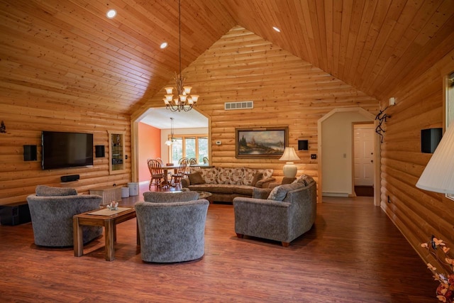N12124 12th Ave, Necedah, WI 54646 - living area with wooden ceiling, log walls, a chandelier, high vaulted ceiling, and wood finished floors