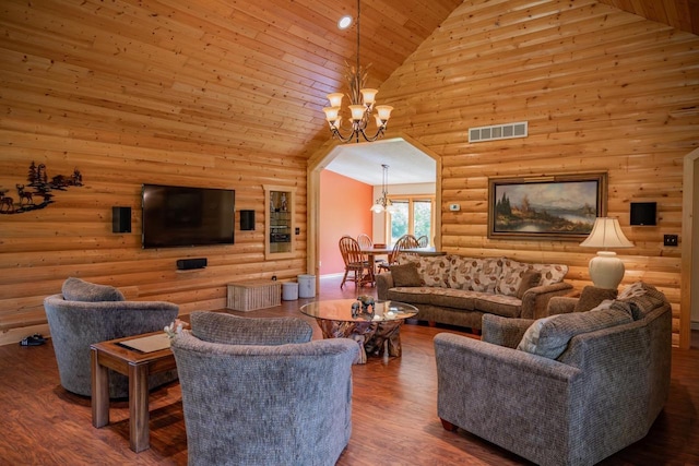 N12124 12th Ave, Necedah, WI 54646 - living area featuring a chandelier, rustic walls, wooden ceiling, high vaulted ceiling, and wood finished floors