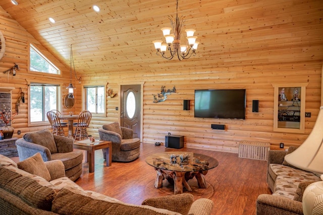 N12124 12th Ave, Necedah, WI 54646 - living room featuring rustic walls, high vaulted ceiling, wood ceiling, a chandelier, and wood finished floors