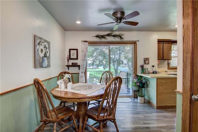 739 Veronica St, Chippewa Falls, WI 54729 - dining room with ceiling fan, wood finished floors, baseboards, and recessed lighting