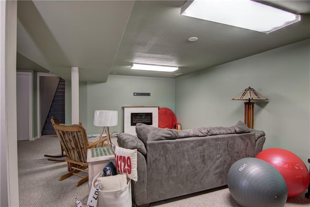 739 Veronica St, Chippewa Falls, WI 54729 - carpeted living room with stairway and a glass covered fireplace