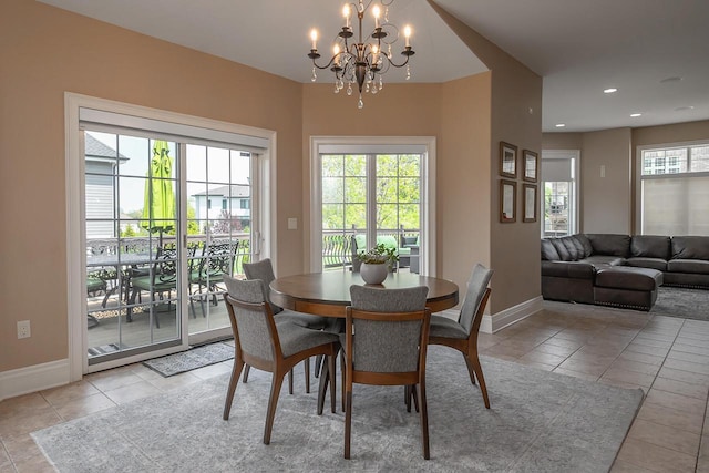 18290 Prairie Falcon Ln, Brookfield, WI 53045 - dining area featuring light tile patterned floors, baseboards, a chandelier, and recessed lighting