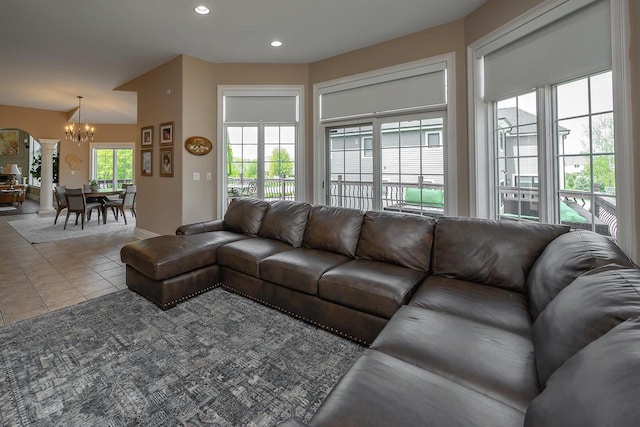 18290 Prairie Falcon Ln, Brookfield, WI 53045 - living room with a chandelier, tile patterned flooring, and recessed lighting