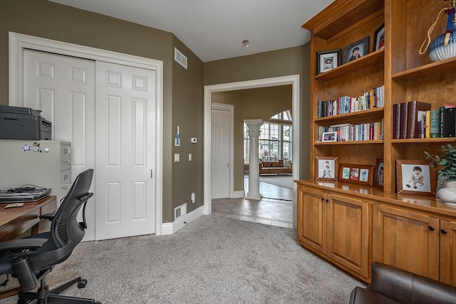 18290 Prairie Falcon Ln, Brookfield, WI 53045 - office featuring ornate columns, light colored carpet, baseboards, and light tile patterned flooring
