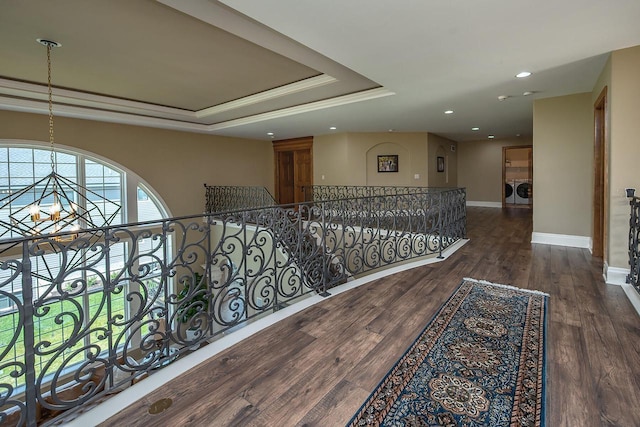 18290 Prairie Falcon Ln, Brookfield, WI 53045 - corridor with recessed lighting, baseboards, dark wood-style floors, a raised ceiling, and an upstairs landing