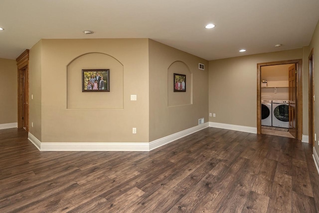 18290 Prairie Falcon Ln, Brookfield, WI 53045 - unfurnished room featuring washer and dryer, dark wood finished floors, recessed lighting, and baseboards