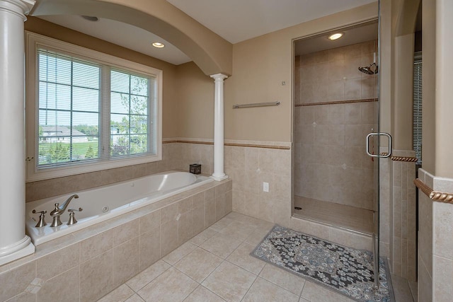 18290 Prairie Falcon Ln, Brookfield, WI 53045 - bathroom featuring decorative columns, a shower stall, a jetted tub, tile patterned flooring, and recessed lighting