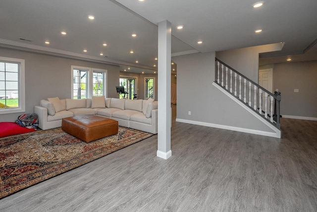 18290 Prairie Falcon Ln, Brookfield, WI 53045 - living area featuring wood finished floors, crown molding, stairs, baseboards, and recessed lighting