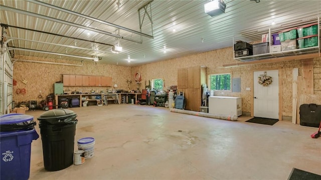3015 Aspen Ter, Danbury, WI 54830 - garage with a garage door opener, a workshop area, and electric panel