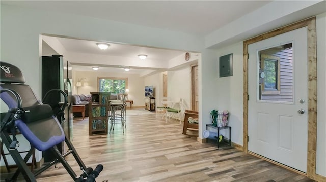 3015 Aspen Ter, Danbury, WI 54830 - workout area featuring light wood-type flooring, electric panel, and baseboards