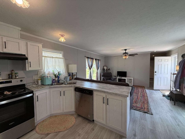 1870 County Road F Unit 44, Friendship, WI 53934 - kitchen featuring appliances with stainless steel finishes, under cabinet range hood, a peninsula, a textured ceiling, and a sink