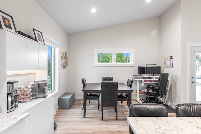 420 Sandmar Dr, Ripon, WI 54971 - dining area featuring lofted ceiling, light wood-style flooring, an office area, recessed lighting, and baseboards