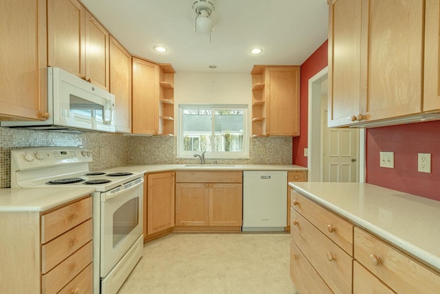 1 Winterberry Trl, Madison, WI 53717 - kitchen featuring white appliances, light brown cabinetry, open shelves, a sink, and recessed lighting