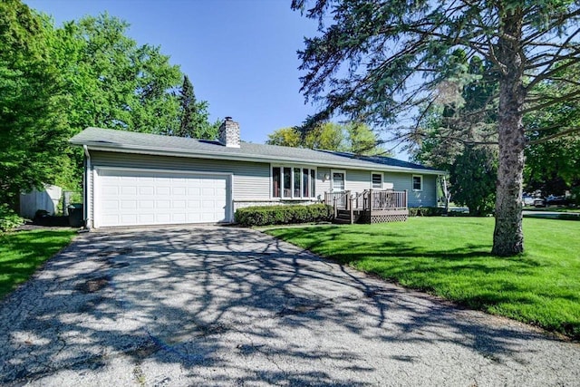 1610 Woodsend Ct, Sun Prairie, WI 53590 - ranch-style home featuring driveway, an attached garage, a chimney, a front yard, and a deck