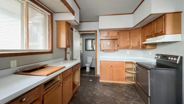 5410 N 37th St, Milwaukee, WI 53209 - kitchen featuring stainless steel range with electric stovetop, under cabinet range hood, open shelves, ornamental molding, and light countertops