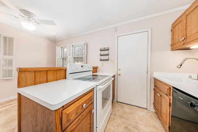 4873 N Santa Monica Blvd, Whitefish Bay, WI 53217 - kitchen with black dishwasher, white range with electric stovetop, a sink, ornamental molding, and light countertops