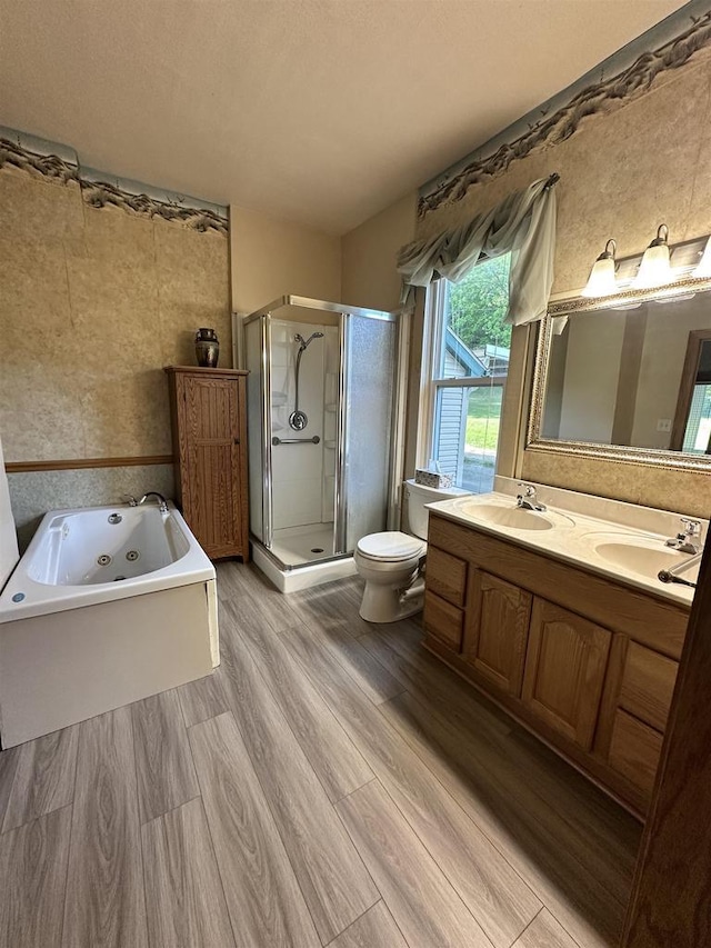 N2224 Wafle Rd, Mauston, WI 53948 - bathroom featuring a shower stall, double vanity, a tub with jets, wood finished floors, and toilet