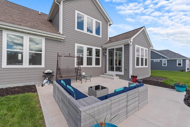 160 Candleberry Ln, Grafton, WI 53024 - back of property featuring an outdoor living space, a patio area, a lawn, and roof with shingles