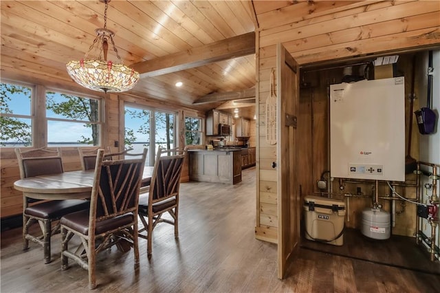 14856W Valhalla Dr, Hayward, WI 54843 - dining room with water heater, wood ceiling, wood finished floors, and wooden walls