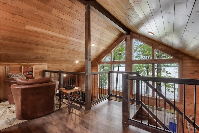 14856W Valhalla Dr, Hayward, WI 54843 - sitting room featuring wood ceiling, wood-type flooring, wood walls, and an upstairs landing