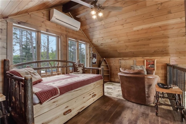 14856W Valhalla Dr, Hayward, WI 54843 - bedroom featuring a wall unit AC, wooden walls, vaulted ceiling, and hardwood / wood-style floors