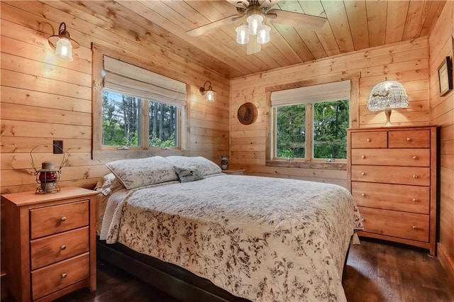 14856W Valhalla Dr, Hayward, WI 54843 - bedroom with wooden walls, wooden ceiling, dark wood-style floors, and ceiling fan