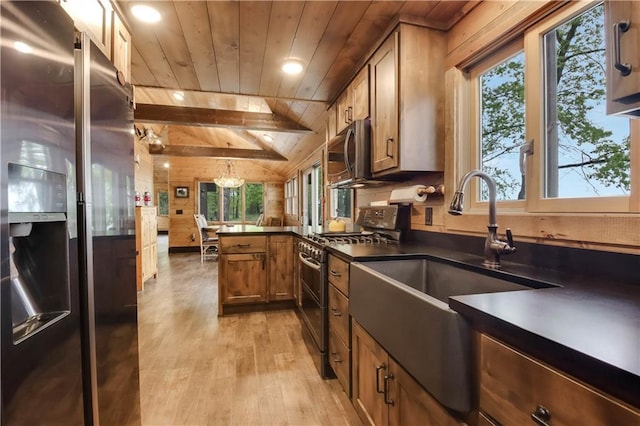 14856W Valhalla Dr, Hayward, WI 54843 - kitchen featuring stainless steel appliances, wooden ceiling, dark countertops, a sink, and light wood finished floors