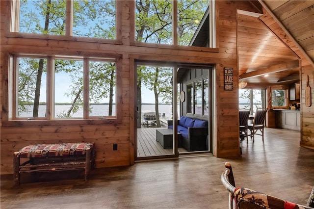 14856W Valhalla Dr, Hayward, WI 54843 - doorway to outside featuring a water view, wooden walls, and wood finished floors