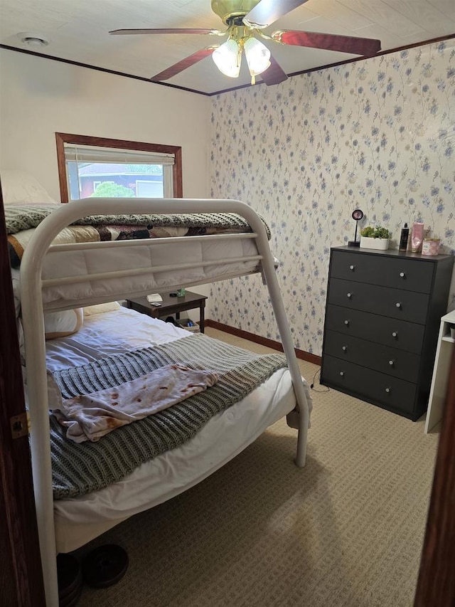 Pine Ln, Bloomington, WI 53804 - bedroom featuring carpet floors, a ceiling fan, and wallpapered walls