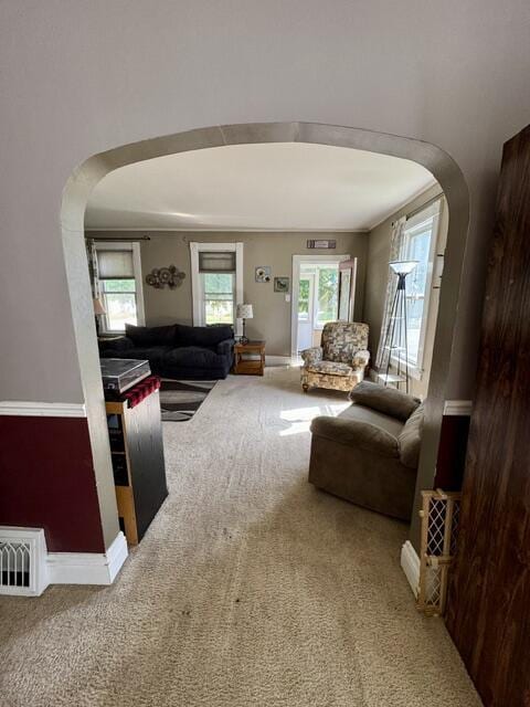 219 E 9th St, Fond Du Lac, WI 54935 - carpeted living area featuring arched walkways and baseboards