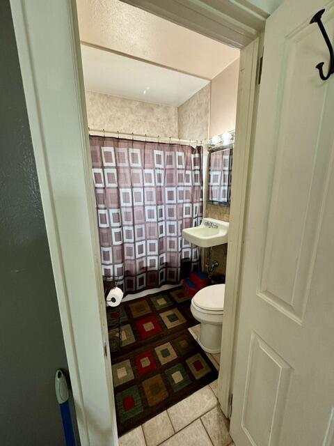 219 E 9th St, Fond Du Lac, WI 54935 - full bathroom with toilet, a shower with curtain, tile patterned flooring, and a sink