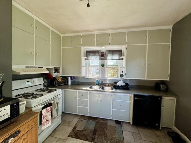 219 E 9th St, Fond Du Lac, WI 54935 - kitchen with black appliances, under cabinet range hood, a sink, and dark countertops