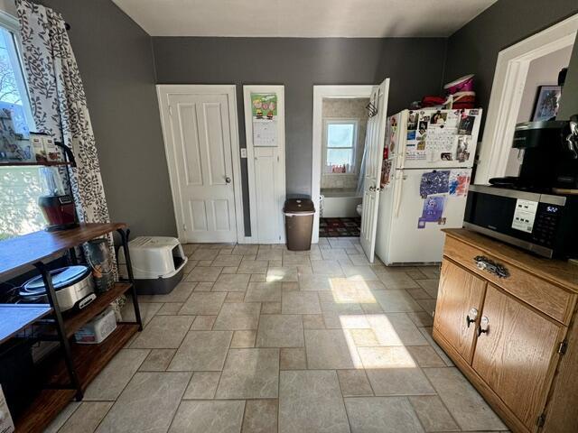 219 E 9th St, Fond Du Lac, WI 54935 - kitchen with stainless steel microwave, healthy amount of natural light, freestanding refrigerator, and stone finish flooring