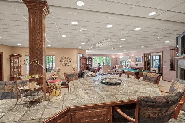 W11078 S Shore Rd, Deerbrook, WI 54425 - dining space with billiards table, recessed lighting, healthy amount of natural light, and decorative columns
