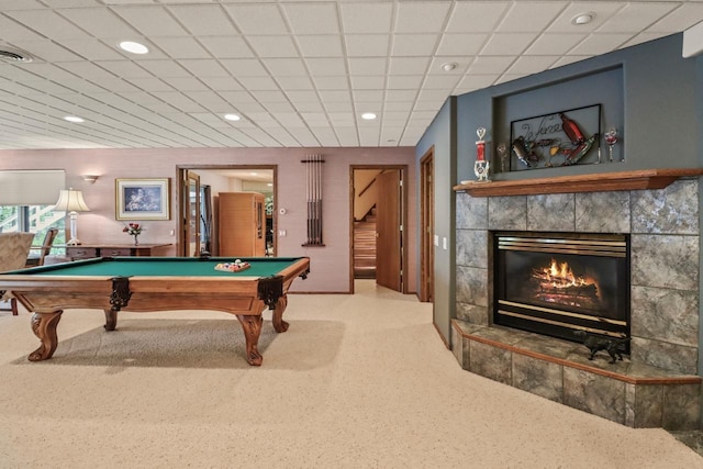 W11078 S Shore Rd, Deerbrook, WI 54425 - game room featuring carpet flooring, a tiled fireplace, billiards table, and recessed lighting