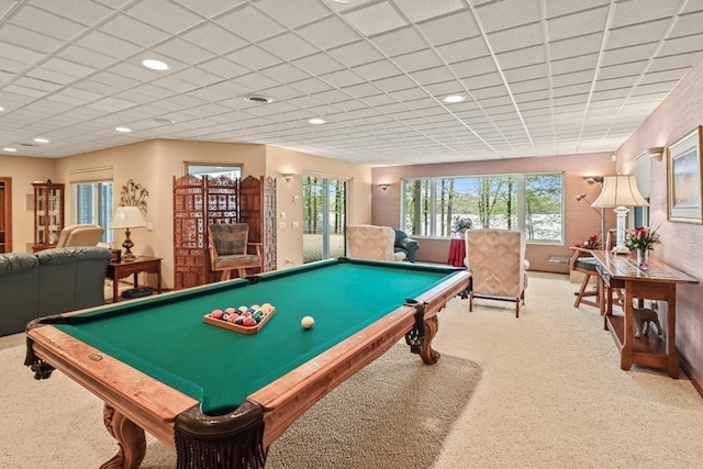 W11078 S Shore Rd, Deerbrook, WI 54425 - recreation room featuring billiards table, carpet flooring, healthy amount of natural light, and recessed lighting