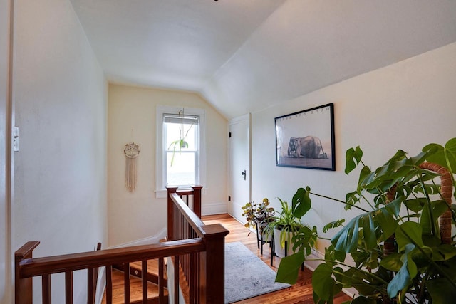 350 Washington St, Prairie Du Sac, WI 53578 - corridor featuring an upstairs landing, wood finished floors, lofted ceiling, and baseboards