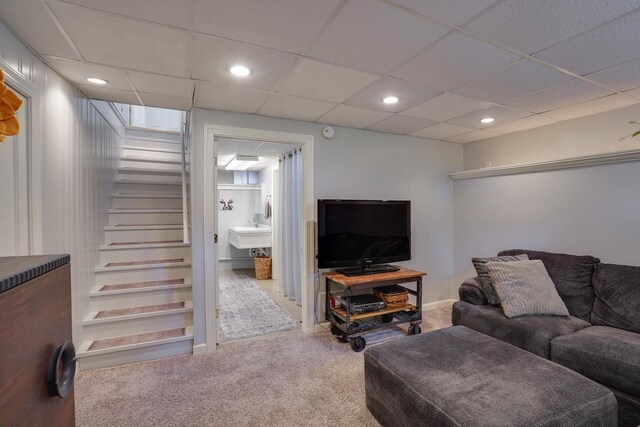 350 Washington St, Prairie Du Sac, WI 53578 - living room with stairway, carpet floors, recessed lighting, and a paneled ceiling
