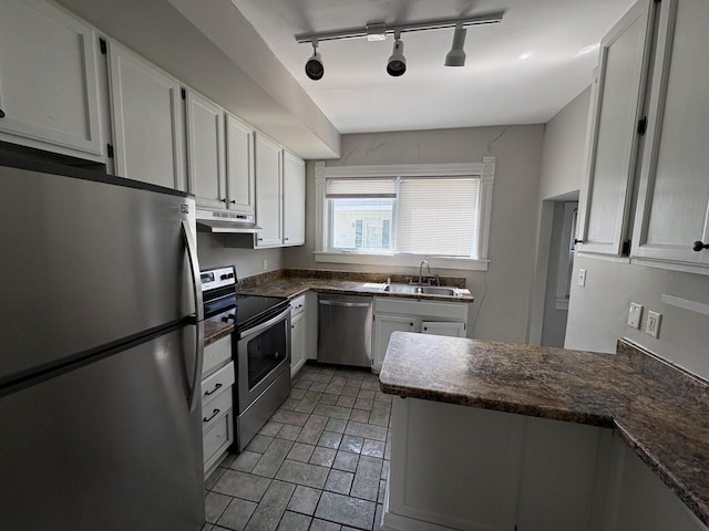 41 E 9th St, Fond Du Lac, WI 54935 - kitchen with stainless steel appliances, under cabinet range hood, white cabinetry, and track lighting