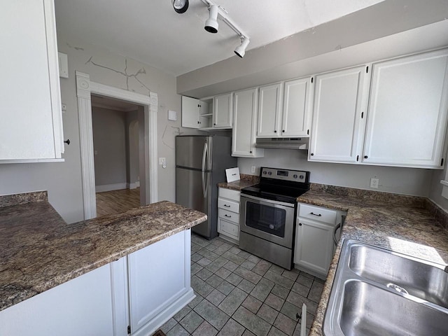 41 E 9th St, Fond Du Lac, WI 54935 - kitchen with appliances with stainless steel finishes, under cabinet range hood, white cabinets, open shelves, and dark countertops