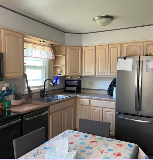 429 Pine St, Tomah, WI 54660 - kitchen featuring black appliances, a sink, light brown cabinetry, light countertops, and open shelves