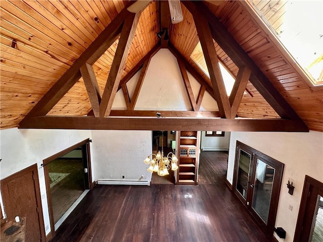 16680W Raining Tree Rd, Stone Lake, WI 54876 - unfurnished living room with a baseboard radiator, wood ceiling with exposed beams, a chandelier, hardwood / wood-style flooring, and high vaulted ceiling
