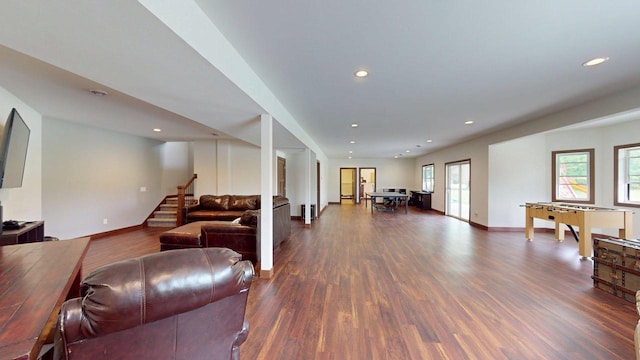 W10559 Hickory Point Rd, Beaver Dam, WI 53916 - living area featuring stairs, dark wood-style flooring, recessed lighting, and baseboards