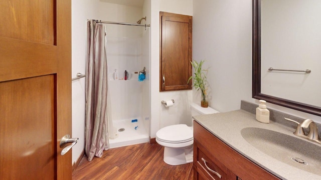 W10559 Hickory Point Rd, Beaver Dam, WI 53916 - bathroom with vanity, toilet, wood finished floors, and a shower with curtain