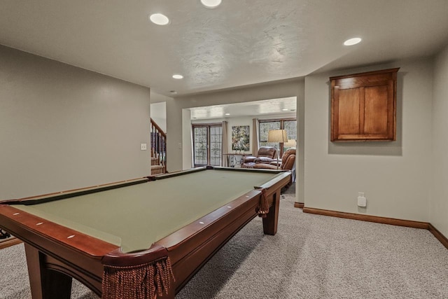 6383 Northwestern Dr, Rhinelander, WI 54501 - game room with light colored carpet, baseboards, recessed lighting, and billiards table