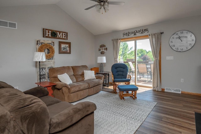 217 Steeple Ct, Johnson Creek, WI 53038 - living area with wood finished floors, ceiling fan, lofted ceiling, and baseboards