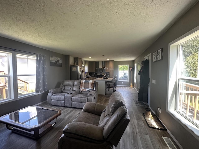 916 S Madison St Unit 9, Waupun, WI 53963 - living area with a textured ceiling, dark wood-style flooring, and baseboards