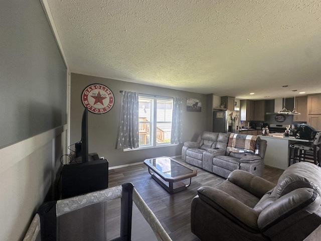 916 S Madison St Unit 9, Waupun, WI 53963 - living area featuring a textured ceiling, dark wood-style floors, and baseboards