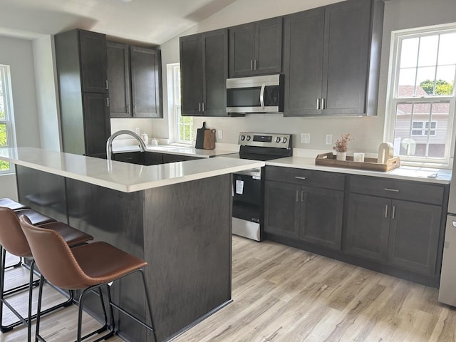 W141N9978 Seven Pines Way Unit 204, Germantown, WI 53022 - kitchen featuring appliances with stainless steel finishes, a breakfast bar, healthy amount of natural light, light wood finished floors, and lofted ceiling
