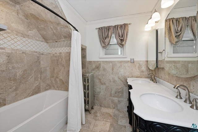 2127 Tower Ave, Superior, WI 54880 - bathroom featuring radiator, shower / bath combination with curtain, crown molding, double vanity, and tile walls